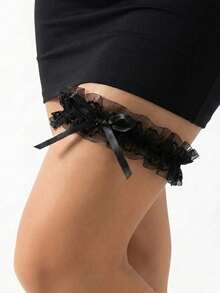 雪纺蝴蝶结腿环，荷叶边下摆，公主风大腿环，百搭新娘性感腿部配饰 - 黑色 - 查看 7