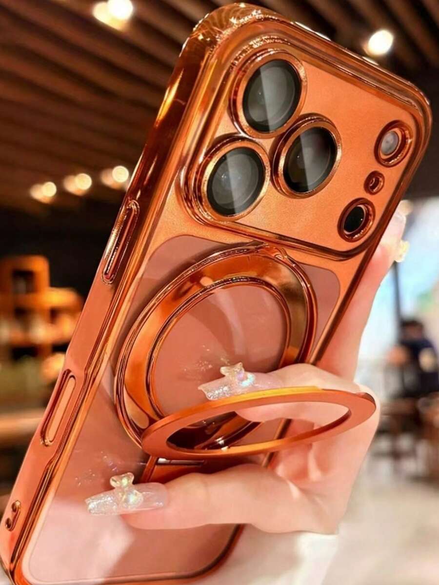 适用于 17 Pro Max、17 Pro、17、16 Pro Max、16 Pro、16、16、16、16、15 Pro Max、15 Pro Max、15 Pro、15 Pro Max、15 Pro Max、14 Pro、13 Pro Max、12 Pro Max、11 的奢华电镀闪粉透明支架手机壳,时尚摄像头保护透明电镀后盖 - 橘色 - 查看 1