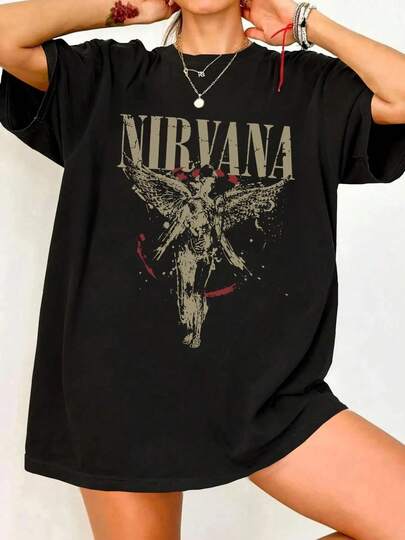 Women's Round Neck T-Shirt, Printed, Vintage Style, Casual, Loose Fit, Figurine And Angel Print, Short Sleeves, For Everyday Use, Women's Summer Outfit, Topprimavera Donna.