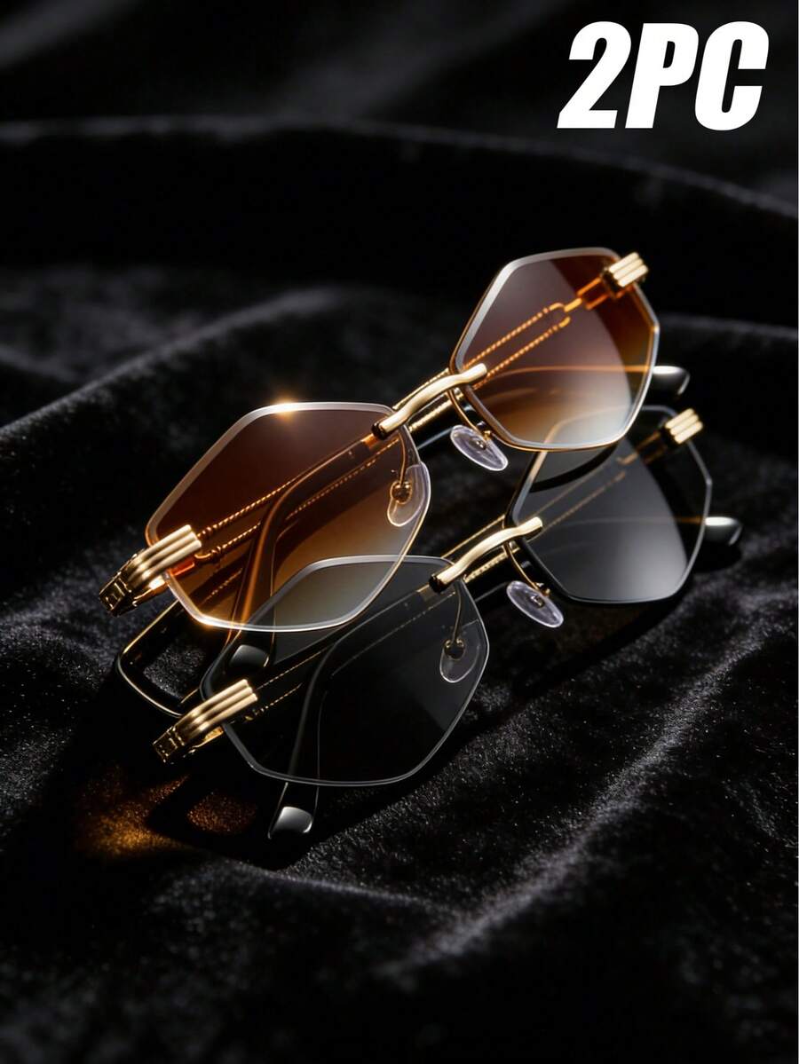两副男女通用钻石切割镜片无框太阳镜，UV400防晒，Y2K风格太阳镜，非常适合度假和外出。 - 彩色 - 查看 1
