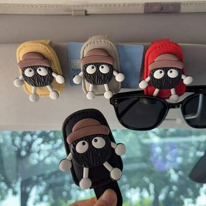 1 Pack Leather Fashion Glasses Holder And Ticket Card Clip, Universal For Different Size Glasses, Car Visor Accessories | Black Coal Ball Design | Interesting Gift