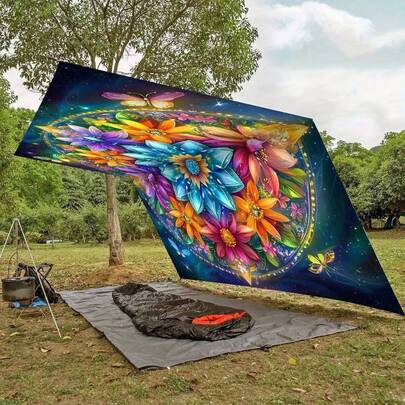 1 Large Canopy Awning, Decorated With Crystal Floral Mandala And Geometric Patterns--Lightweight And Portable Outdoor Awning, Suitable For 6-Person Tents, Beaches, Camping, And Pools--All-Season Use (Supports Not Included). Quick To Set Up, Durable, Suitable For Party Use (Ropes Not Included)