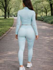 Choa Sport Conjunto deportivo de mujer de unicolor con sudadera de manga larga y pantalones largos, ajuste slim para gimnasio y entrenamiento, versátil y de moda - Azul menta - Ver 2