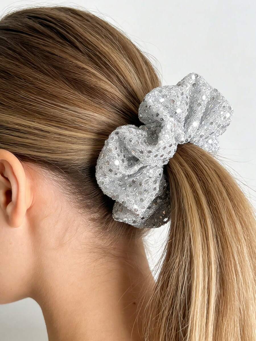 1个闪亮银色螺旋发圈，弹性发绳，适合派对、舞蹈、日常佩戴、街头风格，对头发友好 - 銀色 - 查看 1