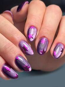 24pcs Medium-Long Brown Ombre Rhinestone Cat Eye Glitter Romantic Autumn/Winter 3D Metal False Nails Set, 1 Bottle Jelly Nail Glue + 1 Nail File, Suitable For Women Daily, Work, Date - Purple - View 8
