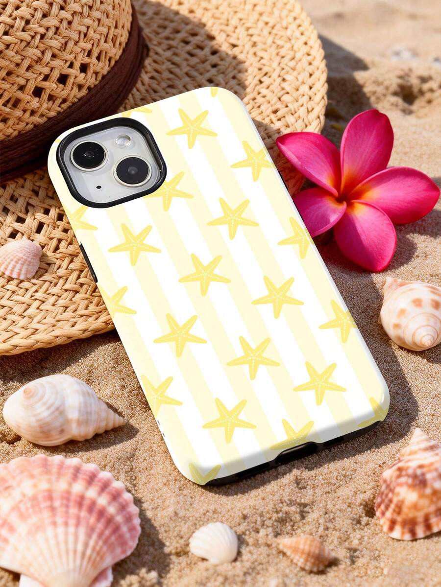 1pc Summer Girl Fresh Sweet Striped Starfish Pattern Glossy 2-In-1 Filmic Hard Phone Case Suitable For Samsung/ 11/12/13/14/15/16/17 Pro Max - Multicolor - View 1