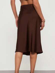 Chân váy midi satin cạp cao dành cho nữ, trang phục thường ngày thanh lịch cho mọi mùa xuân. - màu nâu - Xem 8