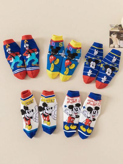 Disney 袜子，5 双装 – 可爱酷炫的米奇系列，男女童中筒袜，色彩鲜艳的撞色设计，优质袜子，带有米奇和高飞图案 – 款式随机发货，是男孩节日的完美礼物。