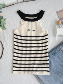 女士无袖圆领针织修身背心，优雅休闲甜美街头风，黑白条纹针织衫，适合春、夏、初秋日常穿着，也适合校园、约会、度假等场合。 - 杏色 - 查看 8