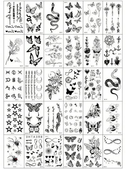 30pcs Creative Temporary Tattoo Stickers, Including Butterfly, Floral, Fox, Dolphin, Jellyfish, Wings, Feather Designs, Suitable For Both Men And Women, Waterproof, Can Be Applied On Arms, Face, Fingers, Neck And Any Desired Area