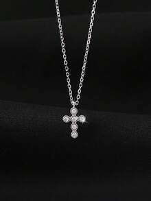 1 pieza Collar con colgante de mini cruz de plata de ley S925, collar de clavícula elegante y minimalista con diseño único y exclusivo de mujer con incrustaciones de rhinestone, regalo distintivo de lujo - cruz - Ver 4