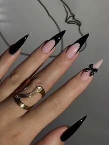 24-Piece Long Pointed French False Nails, Black French Pointed Design With Bow, Glossy Full Coverage, Suitable For Daily Wear By Women And Girls, Creating Exquisite Nail Art. - Black - View 7