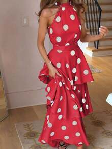Women's Elegant Polka Dot Sleeveless Shirred Waist Layered Ruffled Dress, Bohemian Style, Spring/Summer - 紅色 - 查看 2