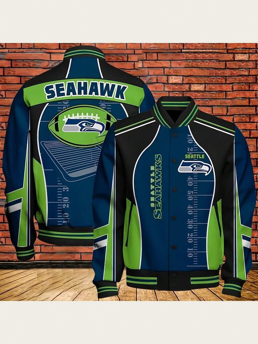 Se-Attle Seahawks Football Graphic Men's And Women's Snap Button Varsity Jacket Baseball Coat Sporty Style For Football Fans And Team Supporters - Mixed Colors - View 1
