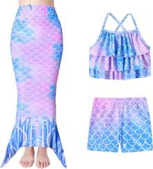 3-Piece Mermaid Swim Set For Girls - Tankini Top, Shorts & Detachable Tail, Ages 3-11 Years, Cute For Beach - 豐富多彩的 - 查看 2