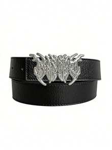 1pc Super Fashionable Black Flame Design Belt, Men's Punk Gothic Rock Band Style Accessory, Double Buckle - Multicolor - View 2