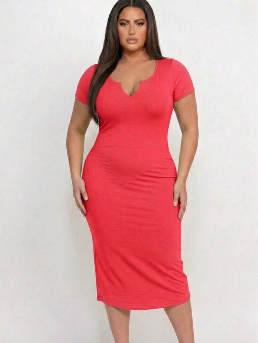 Plus Size Solid Color Split Neck Bodycon Midi Dress, Elegant Casual Women's Plus Size Clothing For Summer - San hô rực lửa - Xem 1