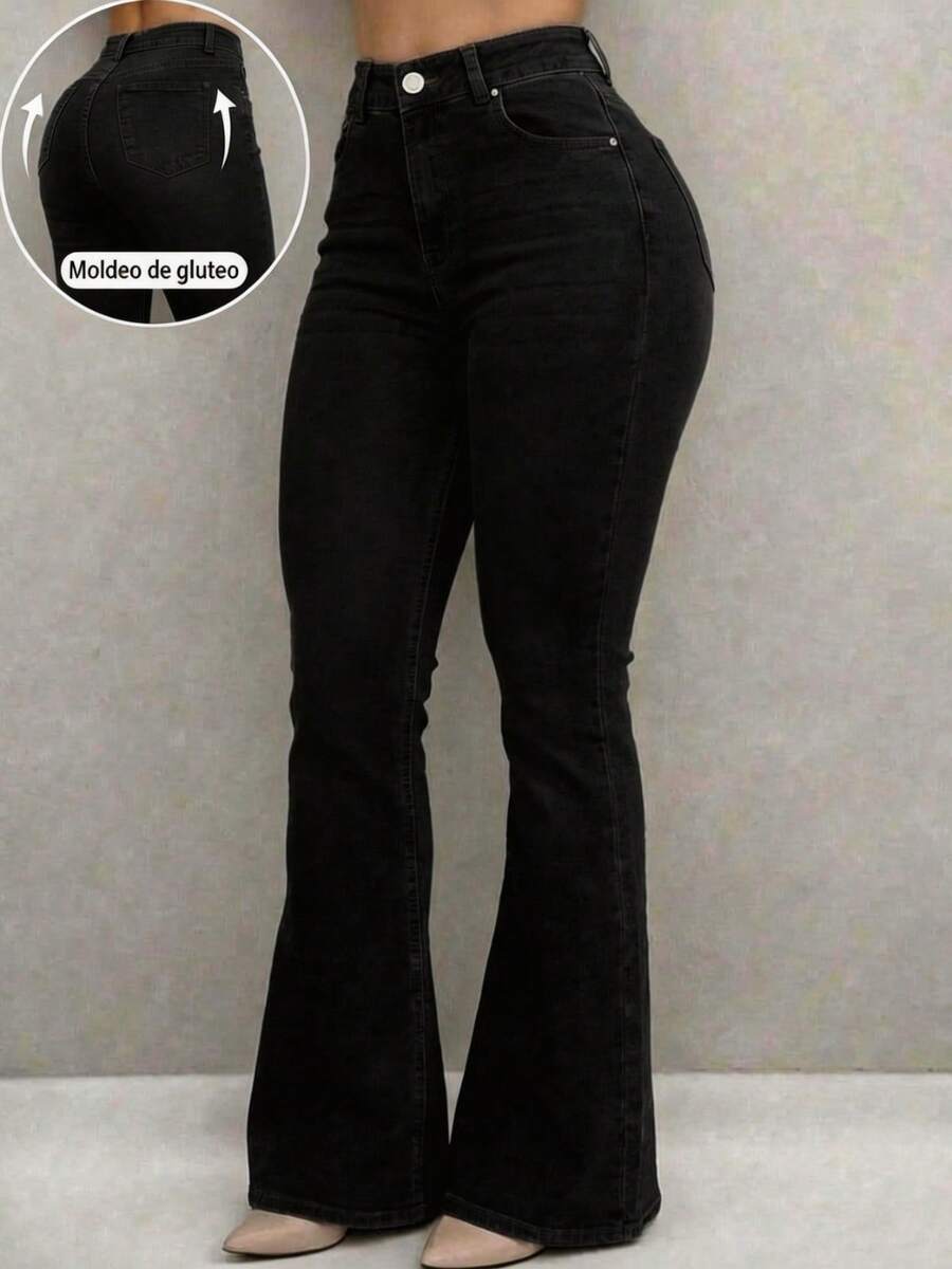 Pantalón De Mezclilla Stretch Para Mujer Corte Campana - Negro - Ver 1