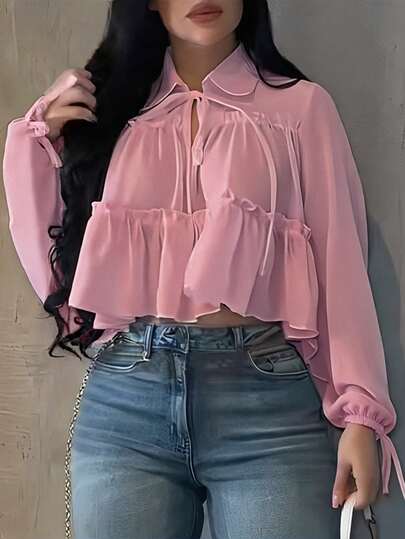 Camisa elegante y casual para mujer, diseño asimétrico, manga farol con lazo en el cuello, tela tejida de unicolor con bajo plisado, elegante para uso diario, citas, vacaciones, primavera/verano en color rosa