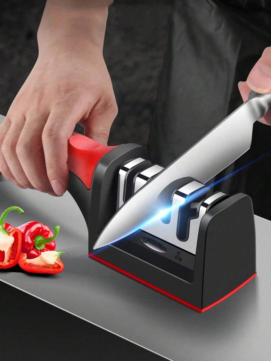 Knife Sharpeners Multifunctional For Kitchen Knives– Stainless Steel 3 In1 Kitchen Knife Sharpener – Knife Sharpening Kit With 3 Stage Sharpening Slots Kitchen Accessories,Household Items,Gadgets,Black - 黑色 - 查看 1