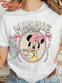 Disney Genuine Authorization, Minnie Mouse Afternoon Tea Flower Border Sweet Girlish Style Printing Casual Fashion Comfortable Summer Style Round Neck Ladies Summer T-Shirt, Design Sense Of Joker In Summer Must-Have High-Quality Fabric Ladies Short-Sleeved T-Shirt. - trắng - Xem 1