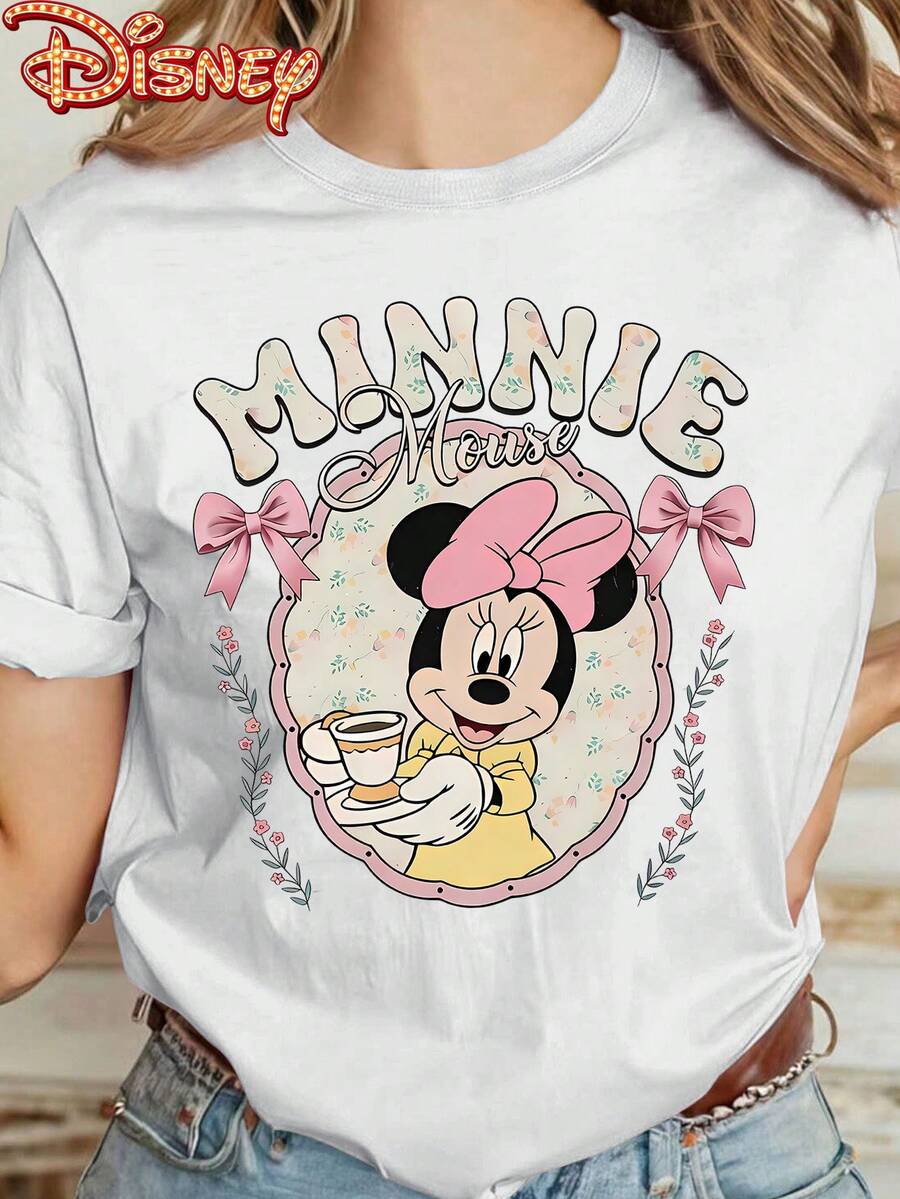 Disney Genuine Authorization, Minnie Mouse Afternoon Tea Flower Border Sweet Girlish Style Printing Casual Fashion Comfortable Summer Style Round Neck Ladies Summer T-Shirt, Design Sense Of Joker In Summer Must-Have High-Quality Fabric Ladies Short-Sleeved T-Shirt. - trắng - Xem 1