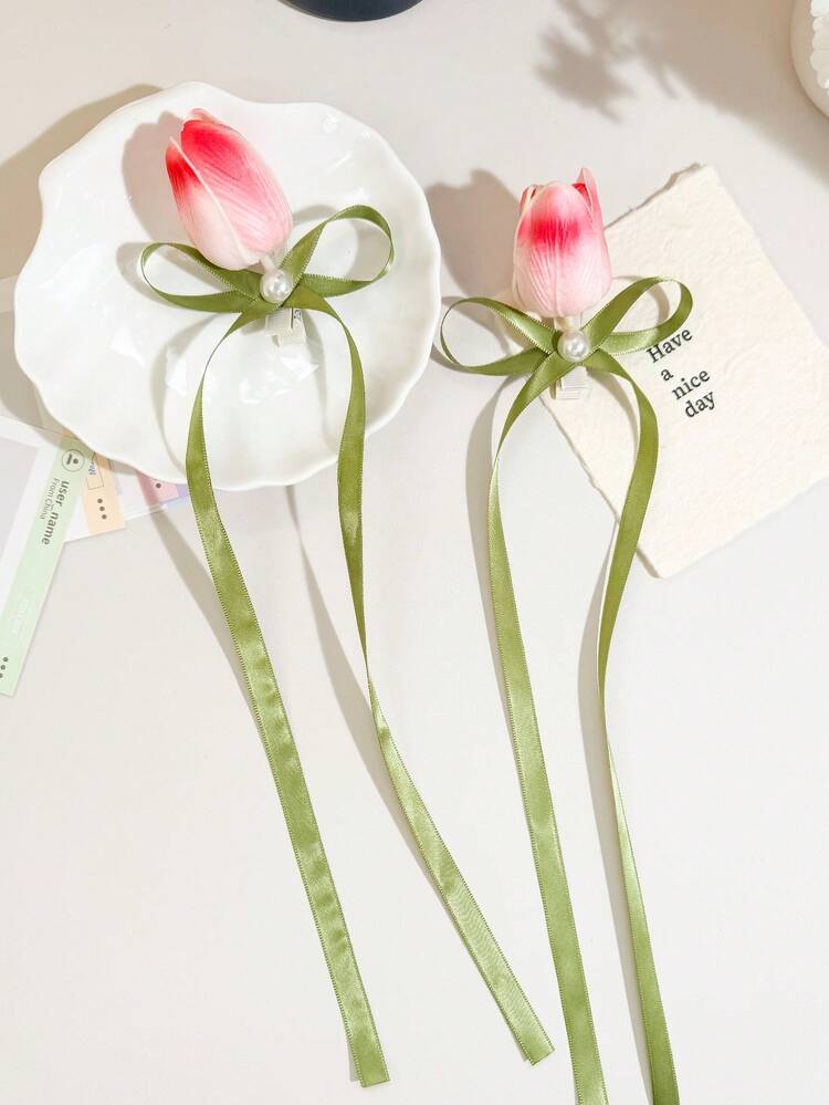 2件套女士甜美优雅粉色郁金香花朵发夹，优雅丝带蝴蝶结发卡，适合舞会、派对、度假和日常佩戴 - 粉色 - 查看 2