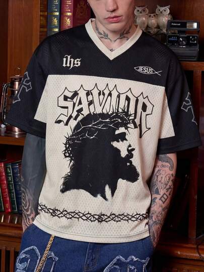 Men's Vintage American SAVIOR Cross Print V-Neck Top
