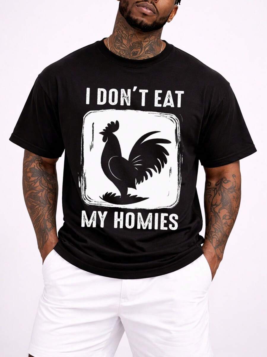 Mens Graphic T-Shirts,Essentials Cotton Blend,With Chicken Homies Vegan Tee Apparel Black Durable,Classic Fit For Gym - Black - View 1