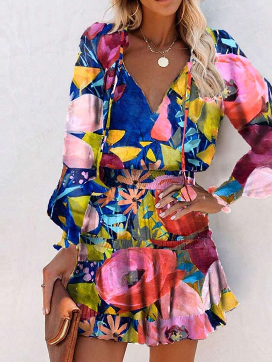 Vestido corto con estampado de primavera, corte ajustado y contraste de colores - Multicolor - Ver 1