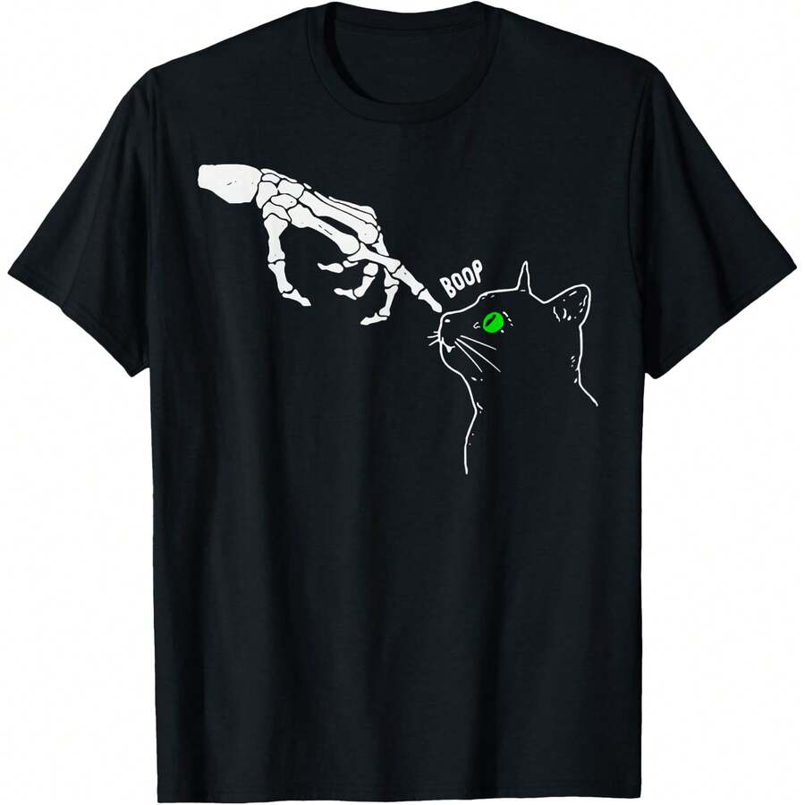 Skeleton Hand Boop On A Cat's Nose Funny Halloween Graphic T-Shirt - 黑色 - 查看 1