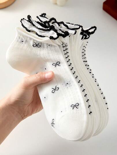 5 Pairs Women Cute Sweet Breathable Bow Polka Dot Striped Pattern Comfortable Mesh Short Socks, Ruffle Trim White Casual Boat Socks, Suitable For Spring/Summer, Everyday Wear, Assorted Colors, All Seasons
