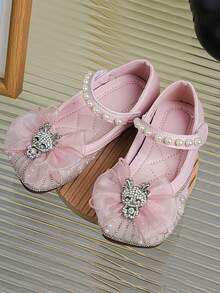 1 par de zapatos planos de princesa rosa para niñas, decorados con brillantes diamante de imitación y perlas, adecuados para celebraciones de cumpleaños y actuaciones en el escenario - Rosa - Ver 4
