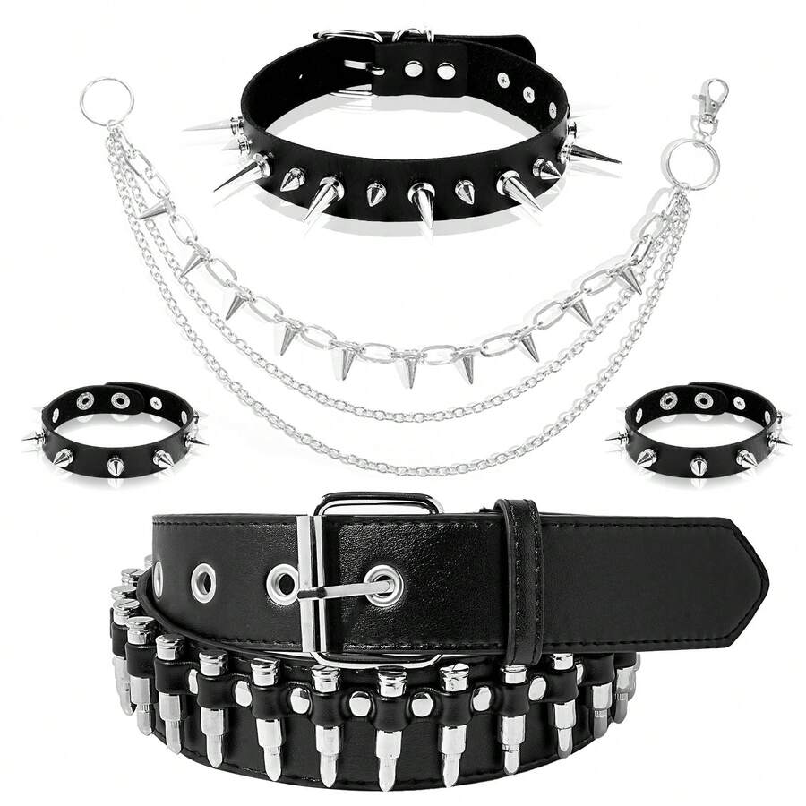 Xiacheng Cinturón negro con tachuelas, pulseras con picos, cadena de pantalones vaqueros, pulseras de estilo gótico, punk rock y remaches para mujer y hombre, accesorios de estilo grunge y emo - Negro - Ver 1