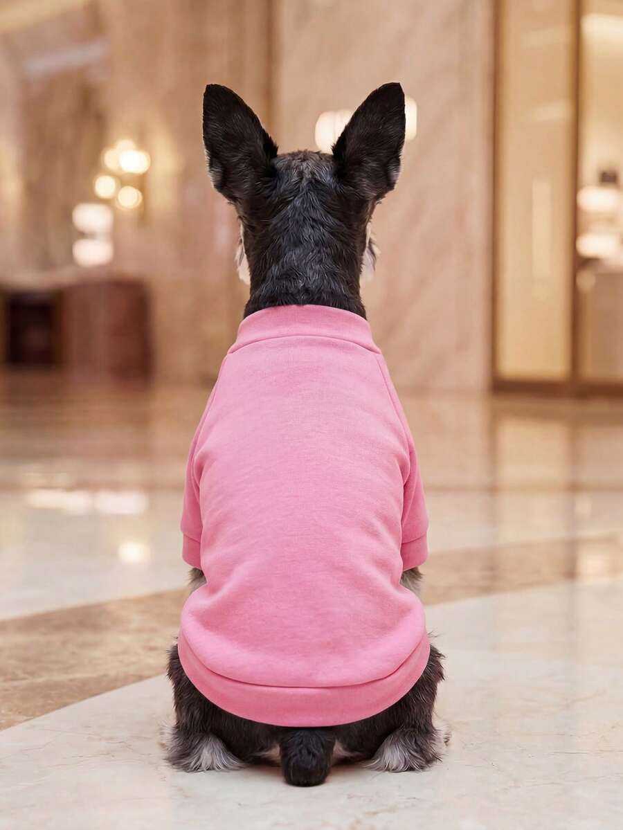PETCIRCLE 1pc Pet Clothes, Dog/Cat Outdoor/Indoor Apparel, Comfortable Solid Round Neck Sweatshirt For Small Dogs & Puppies, Spring/Autumn - Rose Red - Hot Pink - View 1