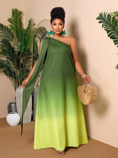 BIUBIU Vestido largo de verano talla grande, vestido suelto con detalle drapeado de un solo hombro en degradado verde para mujeres, perfecto para resort y vacaciones elegantes