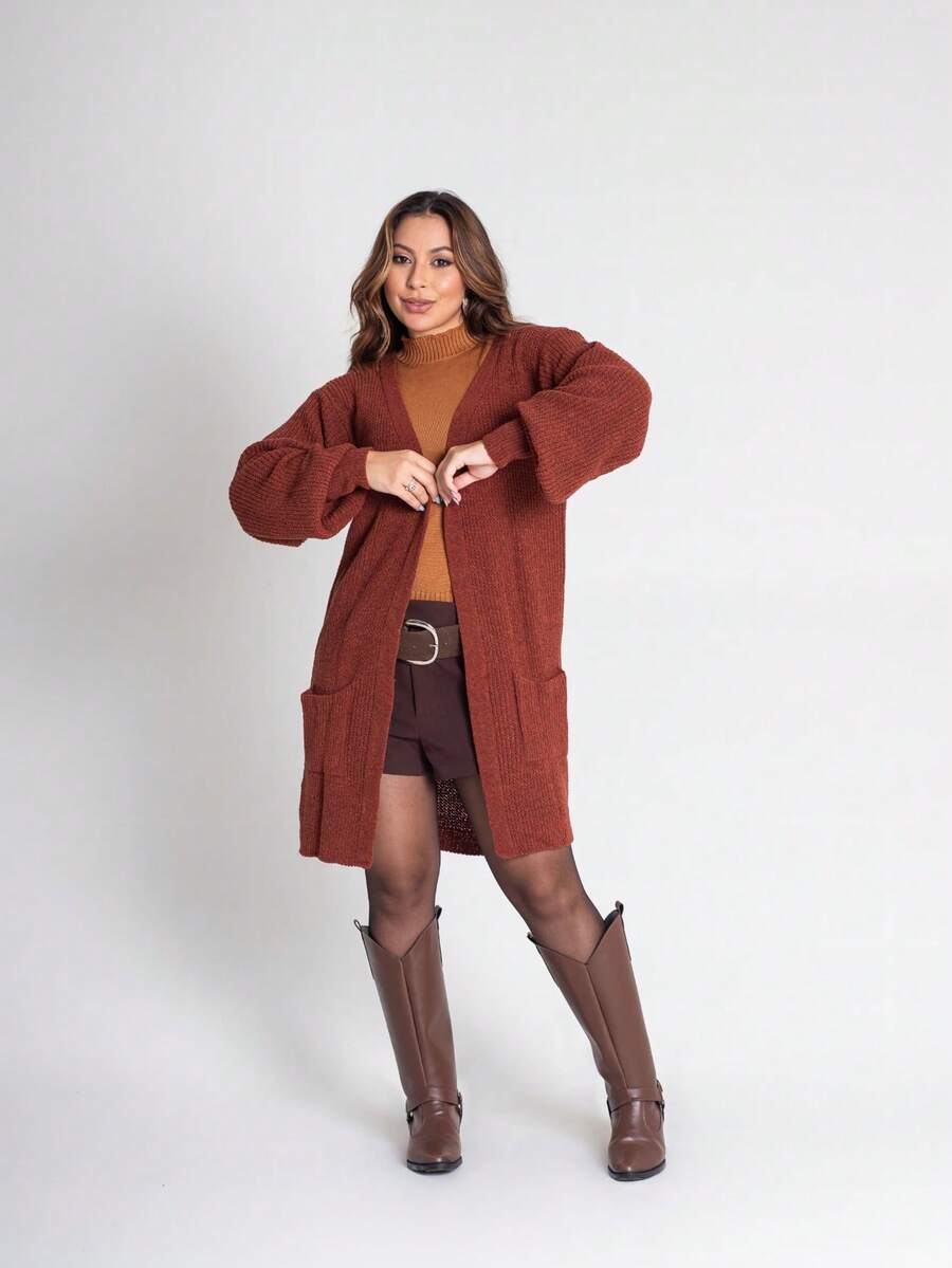 Casaco Feminino Tricot Mousse Cardigan Aberto Bolso Lateral Respirável Confortável - Vermelho - Visão 1