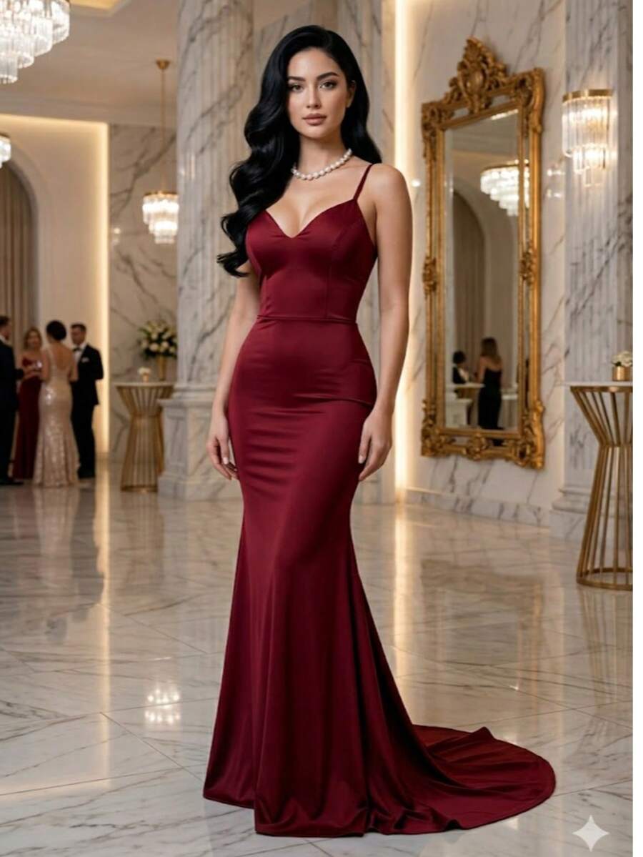 Elegante vestido satinado de tirantes espagueti – ideal para bodas, XV años, graduaciones y eventos de noche - Tinto - Ver 1