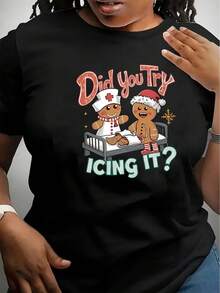 Women's Casual Short Sleeve T-Shirt - Festive Christmas Graphic Print With Gingerbread & "Did You Try Icing It?"Slogan, Soft Stretch Round Neck Top For Holiday Parties & Summer Wear, Machine Washable, Summer Clothing, Playful Design, Comfortable Fit - màu đen - Xem 1