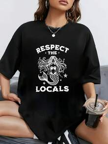 Minimalist. 100% Cotton. 1pac Leisure Women's Plus Size T-Shirt, Fashion All Seasons, Mermaid Art Print, Round Neck, Short Sleeves, Soft And Comfortable, Machine Washable, Ideal For Beach Vacation, Comfortable And Loose. Spring Summer Top - 黑色 - 查看 2