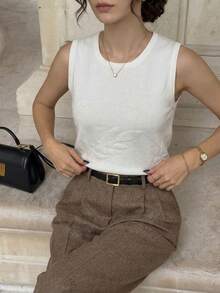 Women's Casual Sleeveless Crew Neck Knit Tank Top White - White - View 6