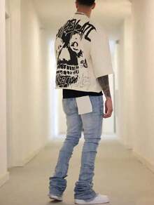 Y2K Style, Directional Printing, Cotton T-Shirt - Soft, Breathable, 100% Pure Cotton Fabric - Comfortable And Energetic Summer Street Style Short-Sleeved T-Shirt, Cool Design, Retro Summer Men's Daily Wear T-Shirt - 杏色 - 查看 14