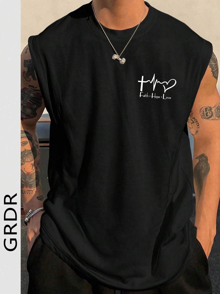 Áo tank top nam cổ tròn dáng rộng, họa tiết tối giản, phong cách đường phố thường ngày, mùa hè. - màu đen - Xem 1
