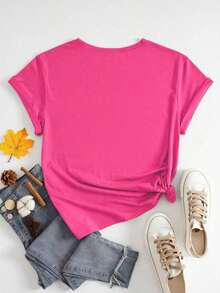 Large Letter  Printed T-Shirt, Casual Round Neck Short Sleeved T-Shirt, Women's Plus Size Clothing Summer - 玫紅色 - 查看 3