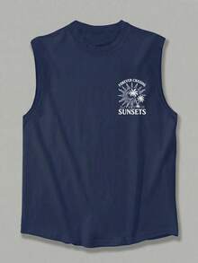 Fractyr Men's Casual Sports Outdoor Vest | Minimalist Coconut Tree, Sun And Letter Print | Exquisite Design | Summer Essential | Multifunctional Easy To Wear | Perfect Gift For Friends | Showcase Unique Personalized - Navy Blue - View 5