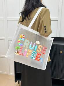 两件套大容量网眼沙滩包 - 可折叠防水防沙网眼手提袋，印有邮轮生活图案 + 配套网眼化妆包，透气可重复使用，适合游泳和泳池，字母装饰，多口袋设计，可装毛巾、防晒霜、泳衣、零食和化妆品，是旅行/度假/海滩的完美之选，夏季必备，也是送给她的绝佳礼物 - 彩色 - 查看 16