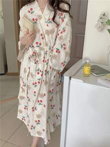 Lightweight Spring/Summer Robe/Sleepwear, Cherry And Bear Pattern Lightweight Robe/Kimono, Minimalist European Style, Long Sleeve, V-Neck, With Pockets, Comfortable Women's Loungewear Robe, Suitable For Spring, Summer, Autumn, Home, Bathroom, Best Gift For Daughter/Family Birthday - As Shown In the Figure - View 10