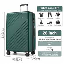 Hard-Shell Luggage Set | 20-Inch Carry-On (Cabin), 24-Inch Medium Checked Bag, 28-Inch Large Checked Bag | ABS+PC, 360° Quiet Wheels, Combination Lock | For Holidays, Business, Family & Weekends - Green - View 9