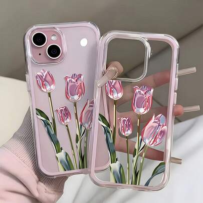 1pc Transparent Phone Case With Pink Frame, Minimalist Lens Protection Anti-Fall Anti-Collision Metal Technological Sense Pink Tulip Pattern Phone Case Compatible With IPhone 16 Pro Max, 17/16/15/14 Plus/13/12/11, Air