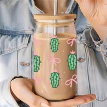 5pcs Cute Green Cactus Theme UV DTF Cup Stickers, Waterproof Scratch-Resistant 3D Crystal Stickers, Suitable For 16oz Glass Cups, Mugs, Crafts, Great For Decorating Personal Items! (4.3in X 9.4in) - 3 Types Of Cacti - View 2